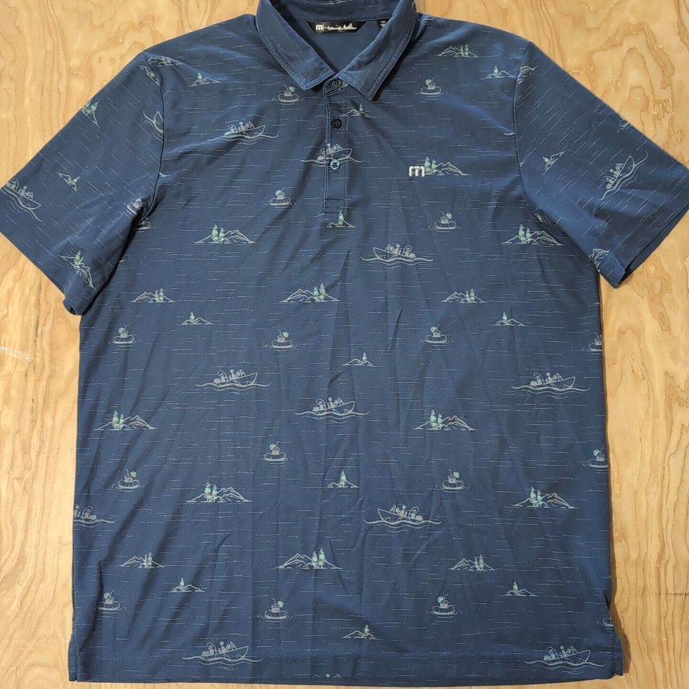 TRAVIS MATHEW FUN AND GAMES GOLF POLO INSIGNIA GEOMETRIC ALL OVER PRINT MENS 2XL